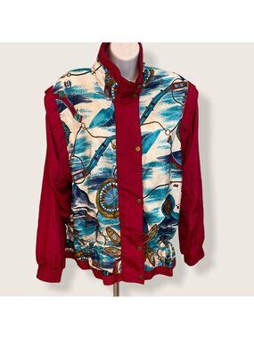 Lavon By Cheerful Corp Medium Red Multicolor Nautical Print Zip Jacket Vintage